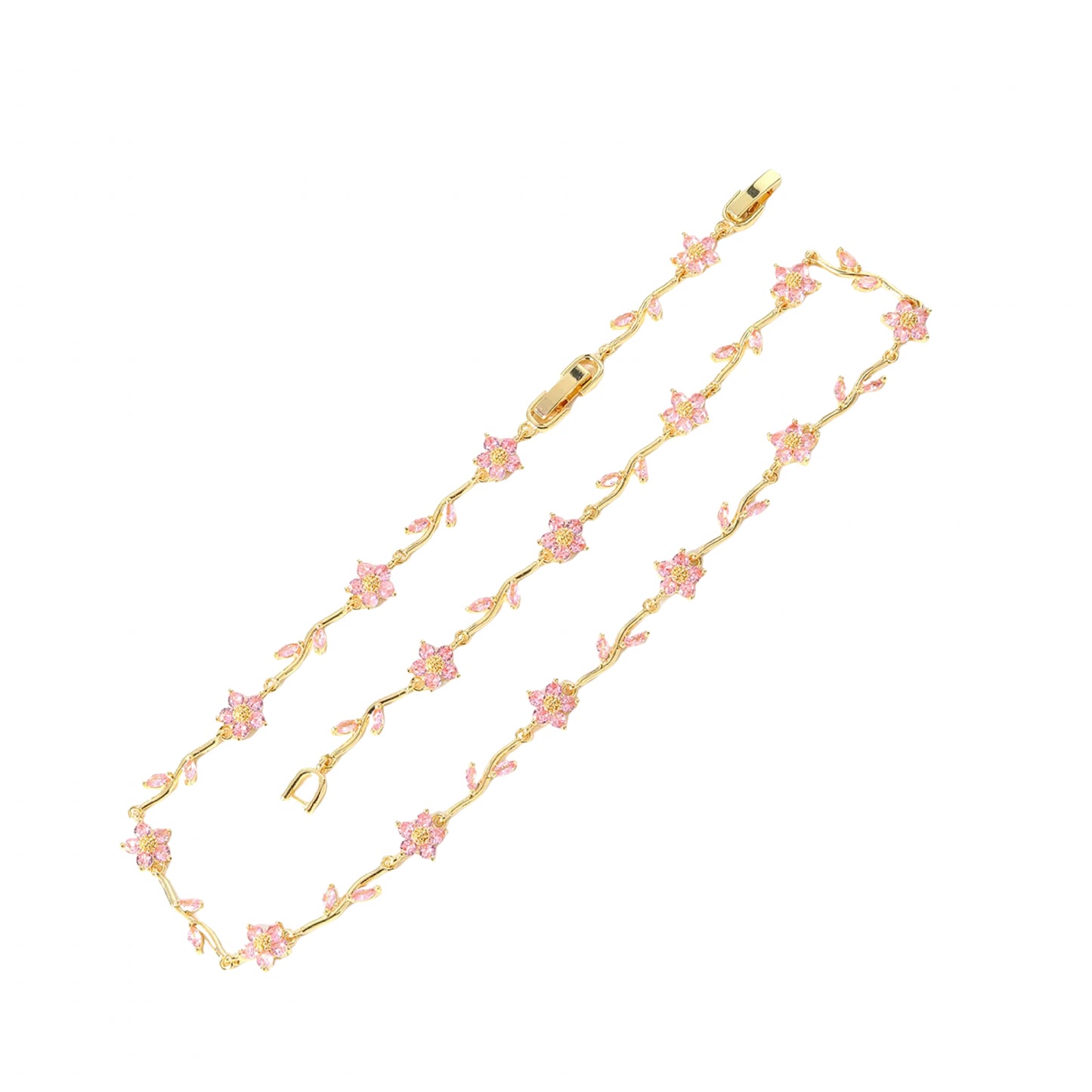 Pink Flowers Necklace Gold