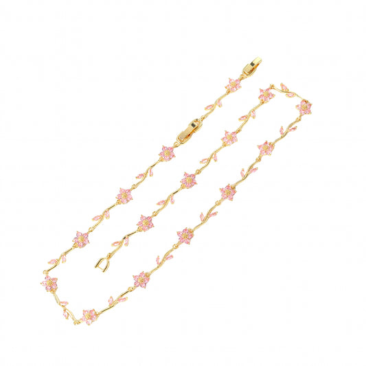 Pink Flowers Necklace Gold